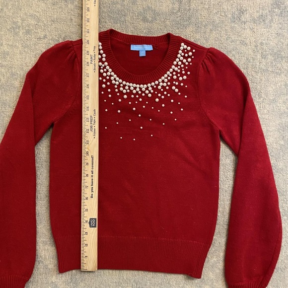 Draper James Sweater Womens XS Red Pearl Beaded Puff Sleeve Anthropologie - Picture 4 of 9